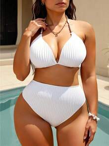 Swim Chiccia Summer Beach Plus Halter Triangle High Waist Bikini Set - White - View 5