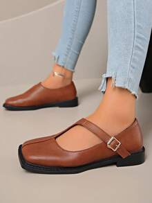 2025新款时尚女士珍珠漆皮复古方头玛丽珍平底鞋，百搭春秋乐福鞋，2025新款热销女士平底鞋 - 棕色 - 查看 4