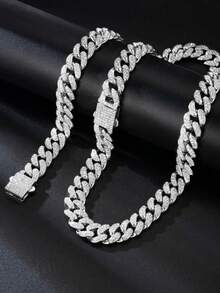 1 Set Unisex Personalized Silver, Hip Hop Rhinestone Encrusted Thick Necklace & Bracelet Butterfly Clasp Combination, European And American Style Thick Gold Chain, Street Hip Hop Rhinestone Necklace & Bracelet Set, Suitable For Women's Daily Wear