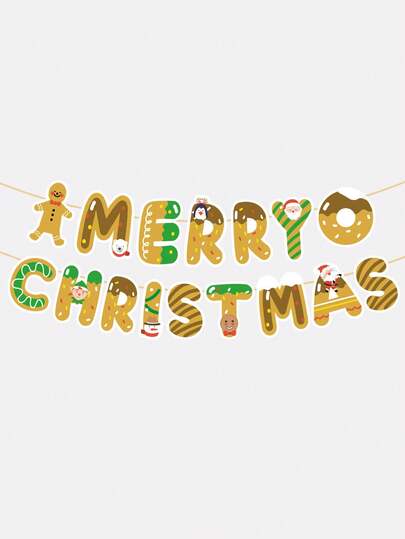 1 Set Printed Merry Christmas Gingerbread Man Merry Christmas Banner, Suitable For Christmas Party Decoration