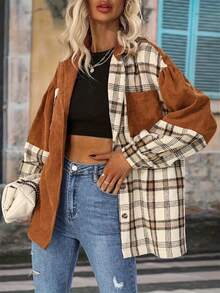 Plus Size Womens Classic Plaid Shirt Fashion Casual Avant Garde Design Outerwear Jacket For Autumn Winter 2025 In Earthy Tones