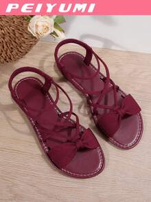 PEIYUMI 女士时尚凉鞋，优雅蝴蝶结和交叉带设计，舒适百搭，适合各种场合，多种颜色可选 - 酒紅色 - 查看 8