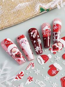 Cartoon Santa Claus Christmas Nail Stickers 5D Cute Elk Penguin Deer Winter Snowflake Snowman Bear Red White Striped Hats Gloves Christmas Design DIY Nail Decorations