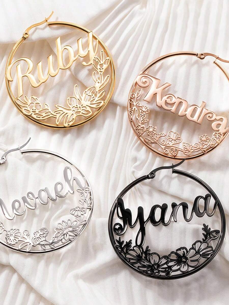 Customized Birthday Flower Earrings With Names, Personalized Name Ring Earrings, December Wreath Earrings, Mother's Gifts, Gifts For Girls Can Be Customized With Simple Daily Styles, Including Gift Boxes, Valentine's Day Gifts, Birthday Gifts, Mother's Day Gifts, Daily Gifts - Silver - View 1