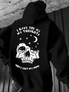 Men'S Black Graphic Hoodie With Skull & Star Print - I Gave You All My Thoughts, Now I Lost My Mind Design, Casual Loose Fit, Long Sleeve, Front Pocket, Polyester Blend, Perfect For Fall,Winter,Fall Hoodies,Men's Fall Clothes,Street Wear,Halloween,Mens Hoodies,Y2k Clothes,Jesus Hoodie,Thanksgiving Day,Nightmare Before Christmas,Christmas - 黑色 - 查看 1