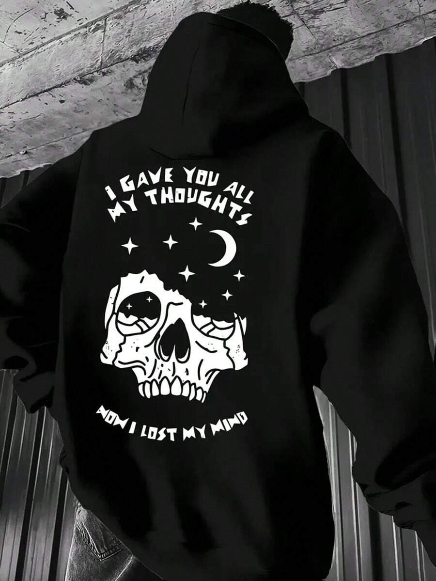 Men'S Black Graphic Hoodie With Skull & Star Print - I Gave You All My Thoughts, Now I Lost My Mind Design, Casual Loose Fit, Long Sleeve, Front Pocket, Polyester Blend, Perfect For Fall,Winter,Fall Hoodies,Men's Fall Clothes,Street Wear,Halloween,Mens Hoodies,Y2k Clothes,Jesus Hoodie,Thanksgiving Day,Nightmare Before Christmas,Christmas - 黑色 - 查看 1
