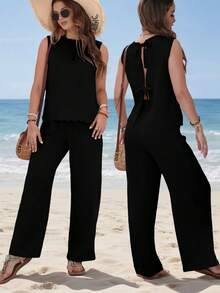 Summer Women'S Sleeveless Strappy Tie-Waist Pants, New Fashion Pants. - 黑色 - 查看 7