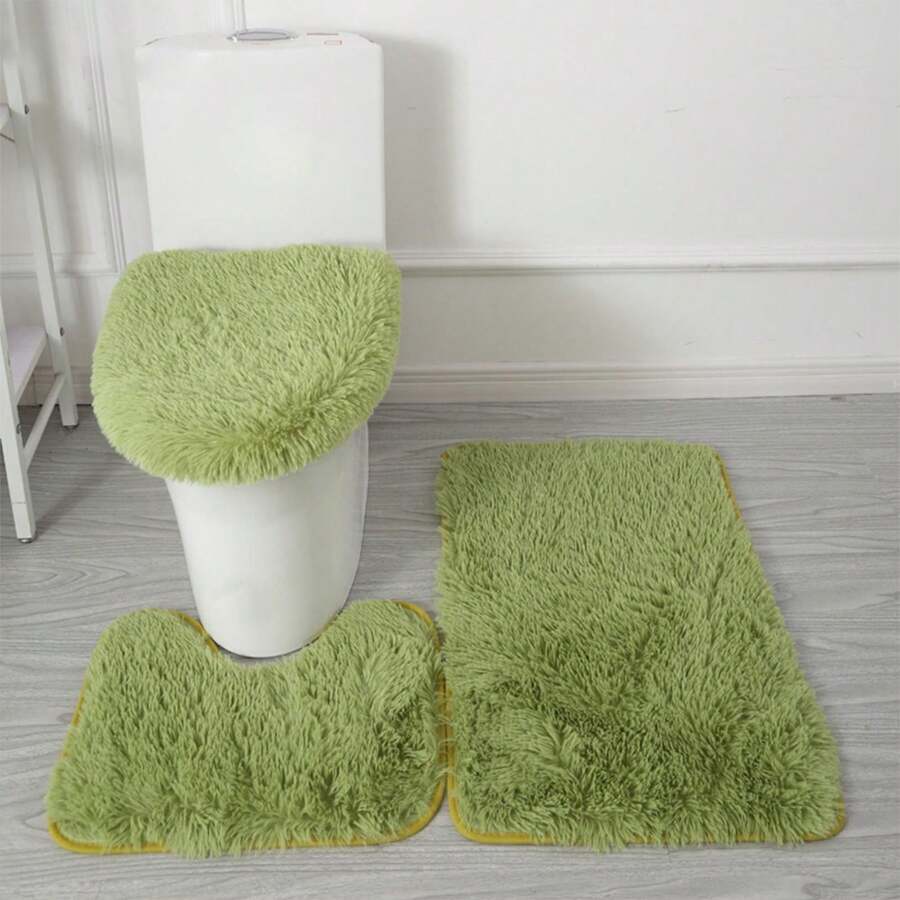 Bathroom Rug Set Of 3, Bath Toilet Mats Set, Bathroom Rugs Super Soft Toilet Seat, Anti Slip Backing Toilet Mat U-Shaped Contour Toilet Rug Bathmat And Toilet Lid Cover - màu xanh lá - Xem 1