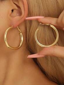 1pair Ladies' Gold-Color Circle Tube C Shape Hoop Earrings - Vàng - Xem 1