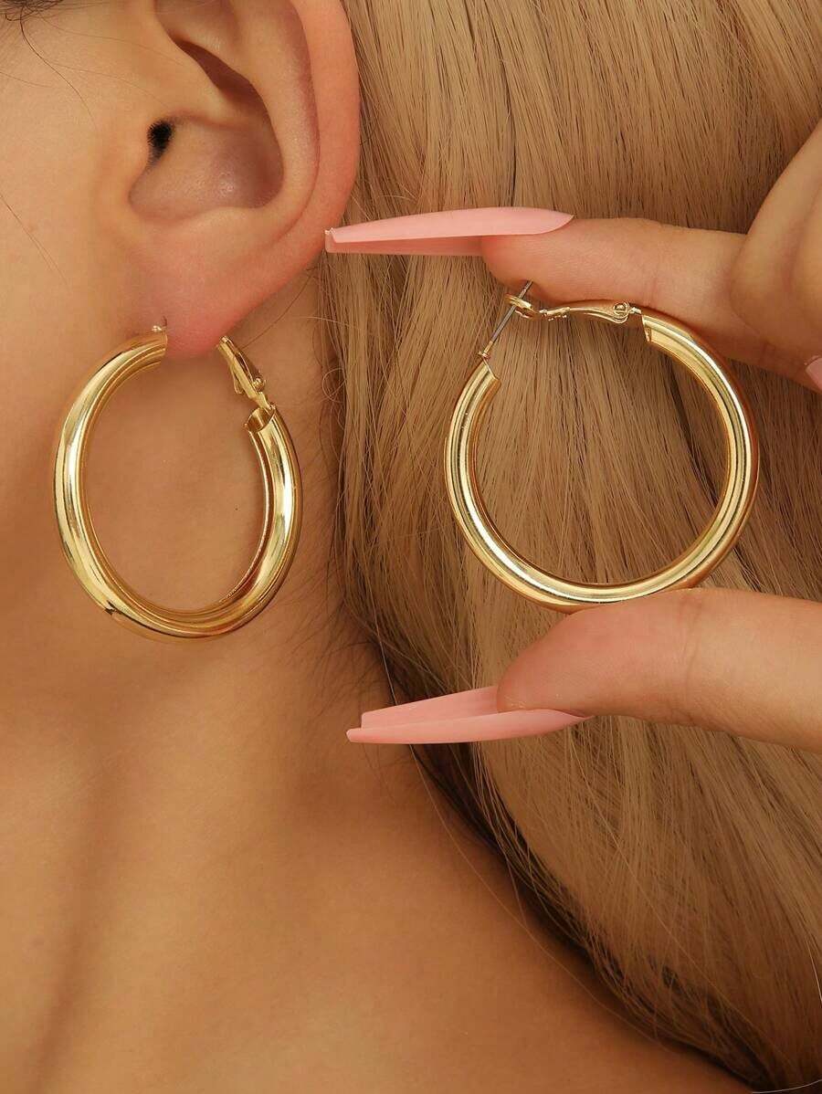 1pair Ladies' Gold-Color Circle Tube C Shape Hoop Earrings - Vàng - Xem 1