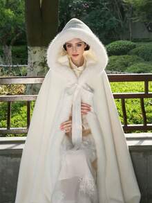 白色女士斗篷，婚礼披肩，伴娘披肩，保暖披肩，开领毛绒披肩，冬季人造毛皮蝴蝶结斗篷，保暖新娘披肩，婚纱外套披肩 - 白色 - 查看 6