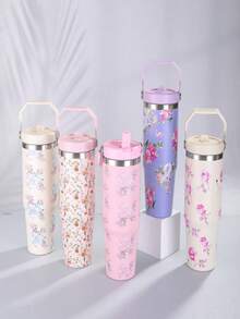 Copo Térmico Floral Genérico 900ml Inox Quente Frio - Azul bebê - Visão 7