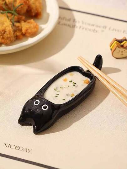 1pc Cute Siamese Cat Design Dipping Sauce Dish, Creative Condiment Plate, High-Quality Dip Bowl, Fondue Soy Sauce Vinegar Dish With Chopstick Rest