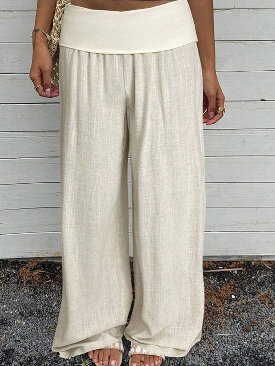 Women Pants - Loose Wide Leg Straight Leg Solid Color - Apricot - View 1