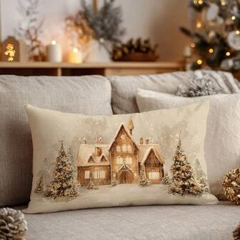 1pc Vintage Gingerbread House & Christmas Tree Printed Plush Pillow Cover, 30*50cm/40*60cm Suitable For Christmas Winter Room Decor, Modern Sofa Living Room Decoration, Party Decor, Gift