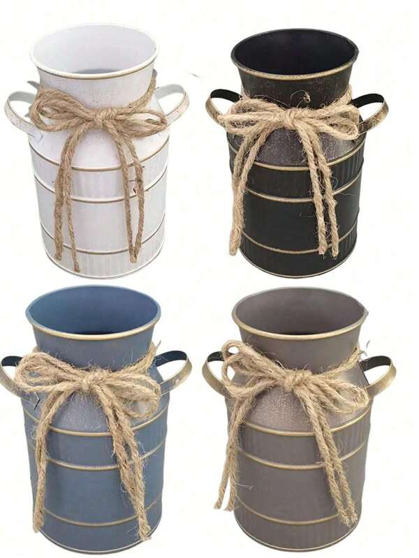 Jarra de leche de estilo europeo vintage de metal, jarrón decorativo de escritorio a prueba de agua y artístico, adecuado para la decoración del hogar, la decoración del jardín al aire libre, con contenedor de maceta, decoración de habitación con jarrón de vidrio