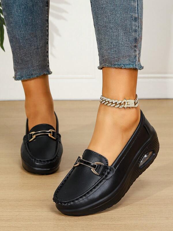 Women's Black Casual Wedges. Platform Loafers With Hand Stitched Upper And Metal Buckle, Sneakers Without Laces. Thick Soles For Height Increase.