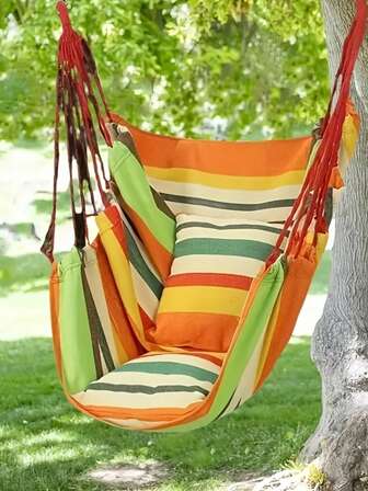 A Hanging Hammock Chair With A Sturdy Design Featuring Multiple Ropes, Comfortable And Durable, Available In Red, Blue, Orange, And Green, Comes With Two Ropes And An Instruction Manual For Easy Hanging, Perfect For Outdoor Use, Patios, Bedrooms, Terraces,