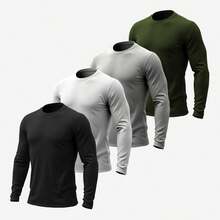 Kit 4 Men's Long Sleeve Cotton Round Neck T-Shirt - 白色 黑色 灰色 綠色 - 查看 1