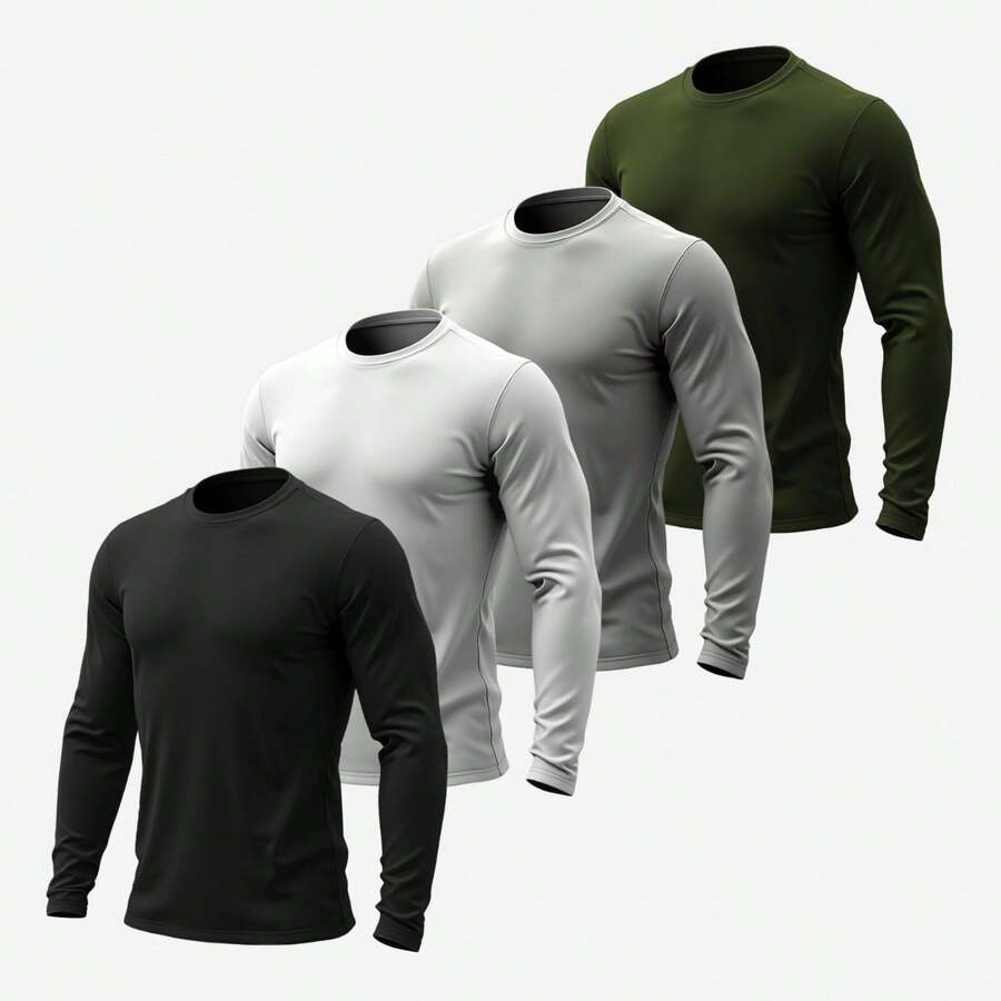 Kit 4 Men's Long Sleeve Cotton Round Neck T-Shirt - 白色 黑色 灰色 綠色 - 查看 1