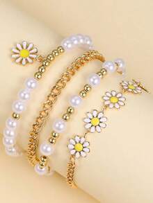 4-Piece Set New Design Gold Beaded Pearl Bracelet Set, Creative Bohemian Daisy Beach Bracelet For Women - 彩色 - 查看 2