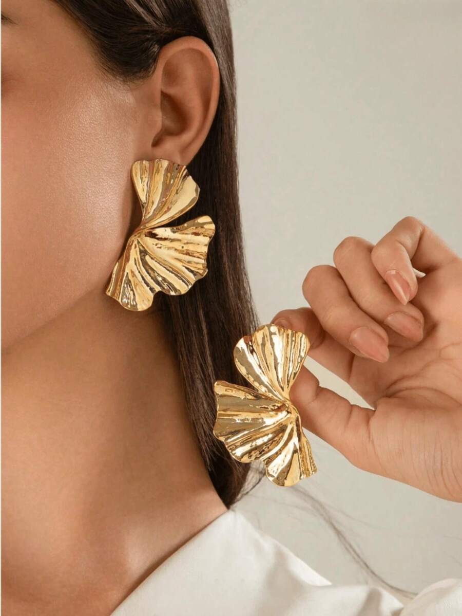 1 Pair Retro Fashion Geometric Metal Leaf Earrings, Suitable For Women's Wedding, Date, Daily Wear - Vàng vàng - Xem 1