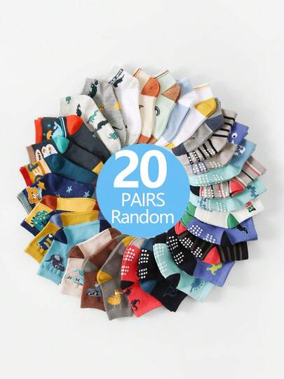 1/5/10/20 pares de calcetines para niños, primavera/verano, estilo campus con encaje/letras, decoración con patrón de dinosaurio lindo y suave, transpirables y cómodos, moda casual deportiva hasta el tobillo, adecuados para volver al colegio, regalos festivos, estudiantes, deportes al aire libre, viajes, combinación diaria, color aleatorio