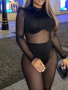 Sexy Black See-Through Jumpsuit Women 2024 - Stretchy Mesh Clubwear One-Piece Bodysuit Night Out Outfit