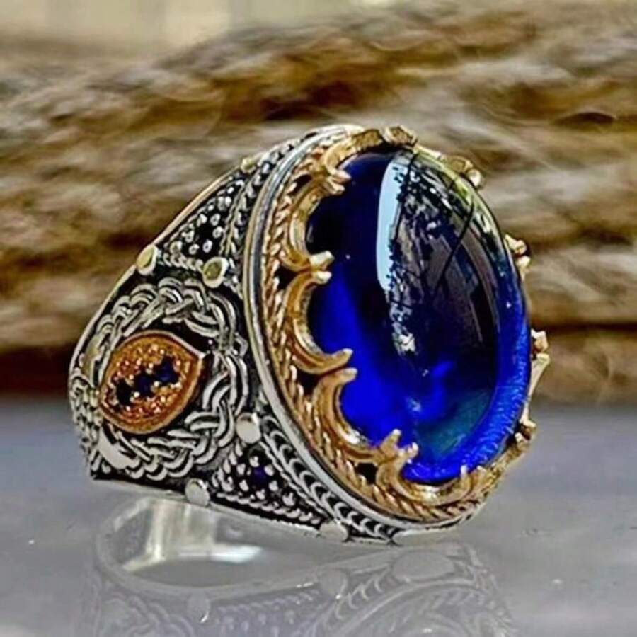 Men's Inlaid Blue Gemstone Carved Ring Vintage Men's Ring High-End Inlay - Màu xanh lam - Xem 1