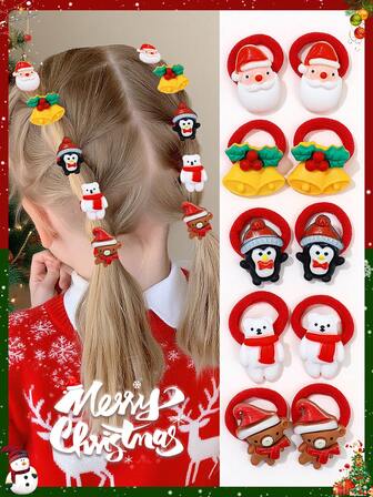 10pcs/Set Cute Christmas Hair Scrunchies - Santa Claus, Christmas Reindeer, Christmas Tree, Snowman Gift Design, Suitable As Christmas Party, New Year Gift For Girls