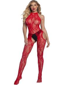Sexy Women's Fishnet Bodystocking Lingerie Set Floral High Elasticity Cutout Spaghetti Strap Hollow One Size Fits - 紅色12 - 查看 7