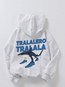 男童休闲简约鲨鱼印花长袖卫衣，秋冬季学生款 - 淺灰色 - 查看 2