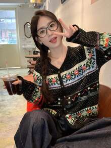Korean Style Black Jacquard Hand-Knitted Sweater Cardigan, Cozy And Sophisticated - Black - View 4