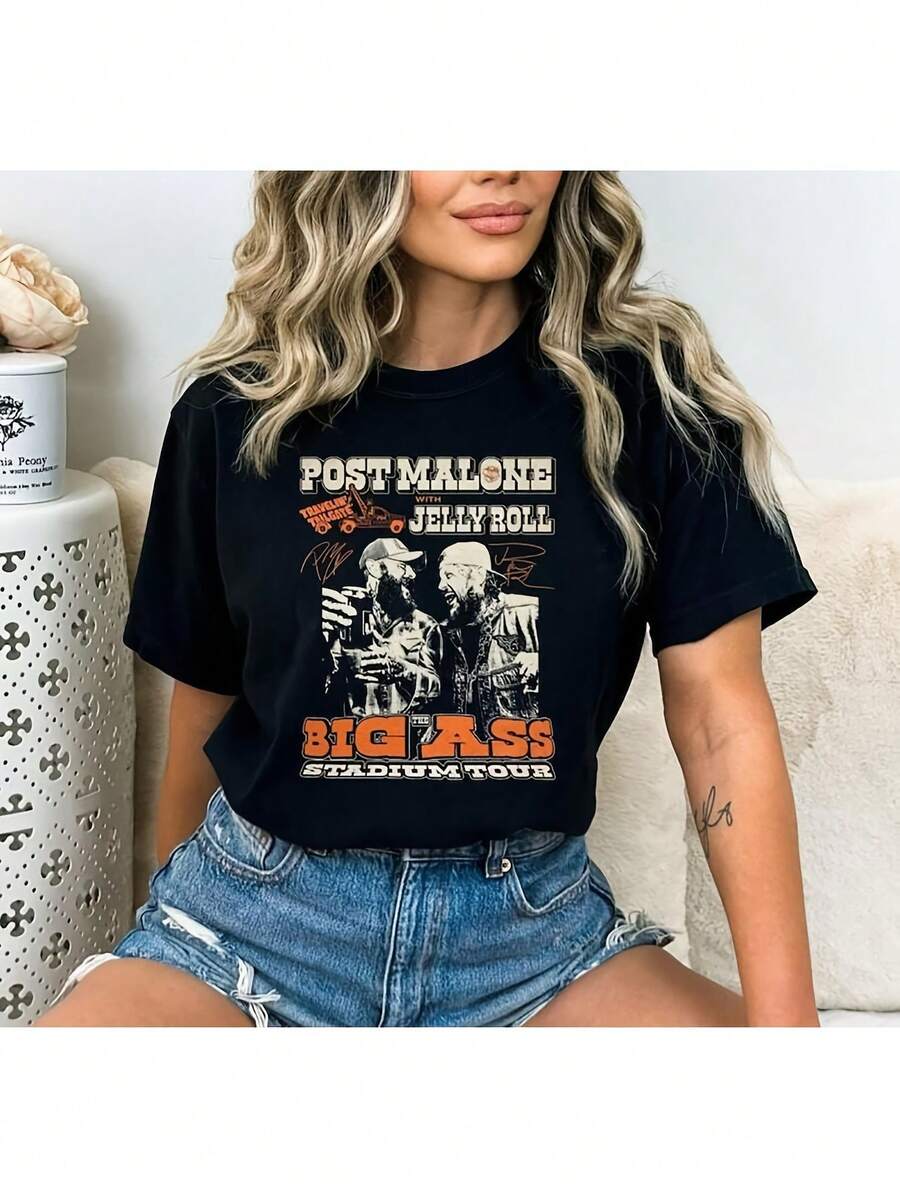 Rap Singer - Post Mal-One Jelly Roll Concert Tour T-Shirt - Black Graphic Tee With Red &Amp; White Print, Casual Crew Neck, Regular Fit, Perfect For Music Fans, Music Fan Apparel | Graphic Print Tee - 黑色 - 查看 1