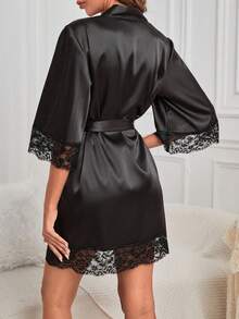 Autumn Solid-Colour Lace-Trimmed Ladies' Nightdress, Sensual Lace Nightwear With Tie-Waist, Simple And Comfortable Robe Overlay, Ladies' Loungewear, Solid-Colour Sensual Ladies' Bathrobe. - Multicolor - View 2