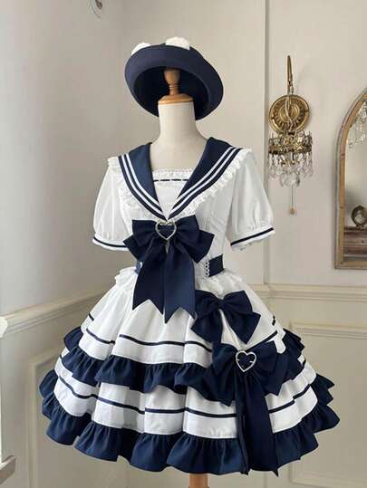 甘くて優しい少女感のあるスカート、ロリータ海軍アカデミー風ワンピース、シンプルで洗練されたスカート、衝突色のつなぎ目に腰のポンポンワンピース、帽子を含まず、ハロウィンのコスプレ衣装道具、学園祭イベントの仮装