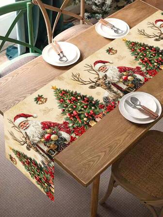 1pc Festive Christmas Table Runner Vintage Santa Claus Xmas Tree & Elk Design Polyester Table Cover For Rectangular Holiday Kitchen And Dining Table Decoration Merry Christmas Decorations For Home 2025 Neol New Year Celebrations