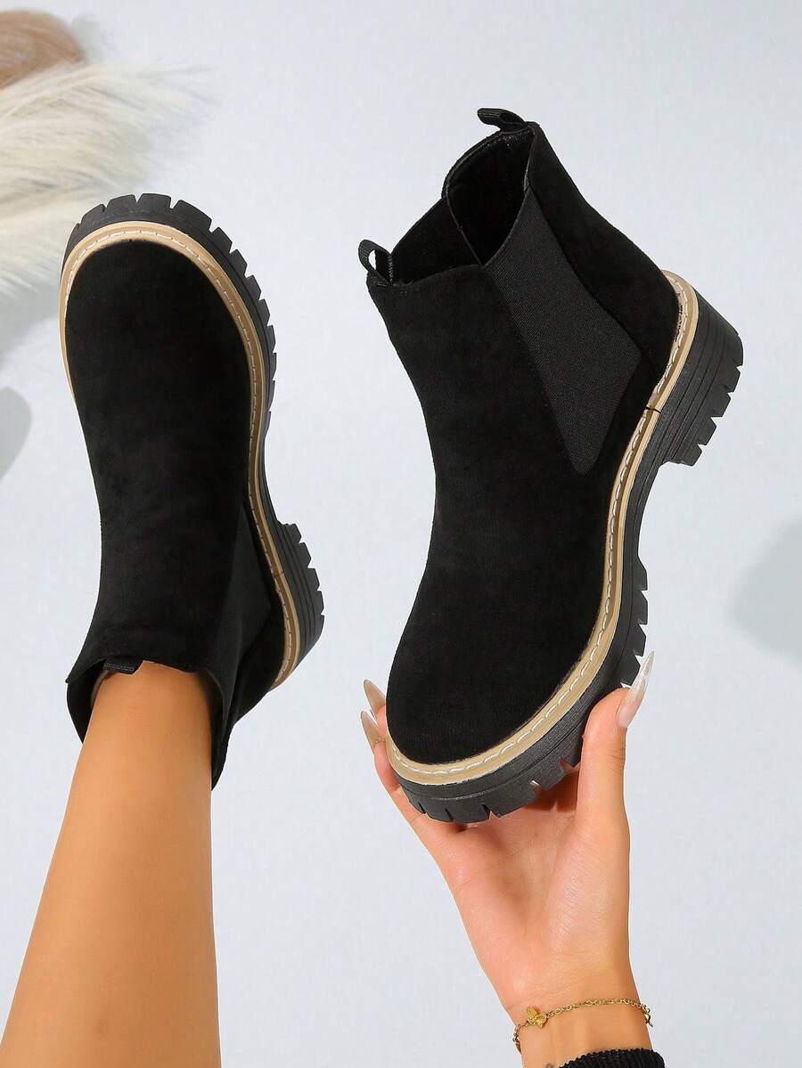 新款女式绒面革厚底切尔西靴，时尚简约一脚蹬圆头踝靴，适合日常通勤穿着，四季摩托车骑行靴 - 黑色 - 查看 1