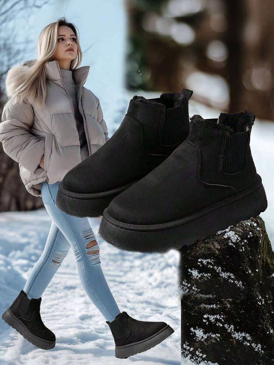 Women's Ankle Boots, Fleece Lining, Thick Warm Boots, Slip-On, Elastic, Platform, Snow Boots, Suede, Short Tube, Round Toe, Simple, Durable, Non-Slip, Plus Size, Autumn/Winter,Black Fur Boots,Platform Sneakers - màu đen - Xem 1