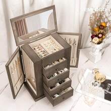 Yoimori Jewelry Box For Women 5 Layer Large Wood Boxes And Organizers For Necklaces Earrings Rings Bracelets Rustic Organizer With Drawers And Mirror Weathered Gray