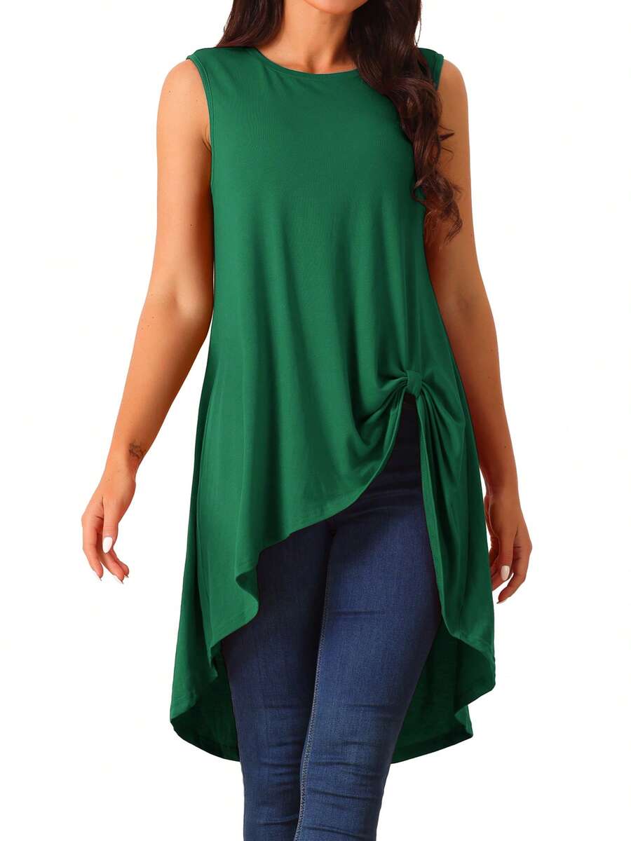 Women's High Low Tops Crewneck Twist Knot Sleeveless Tunic Top Dressy Asymmetrical Summer Loose Fit Shirts - Dark Green - View 1