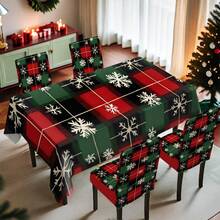 1/4/5/6/7/36 pièces Housse de chaise/Housse de siège à carreaux rouges, verts et noirs avec imprimé flocon de neige blanc, convient pour la maison, le restaurant, l'hôtel, un choix idéal pour la décoration quotidienne moderne. La nappe s'adapte à une table carrée, la housse de chaise élastique est lavable.