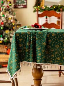 1pc Merry Christmas Green Rectangle Tablecloth, Christmas Golden Bells, Beige Tassel Decor, Washable, Dining Table Cover, Holiday Home Decor, Party Tablecloth, Dresser Scarf, Festive Occasion Decoration, Suitable For Kitchen, Dining Room, Wedding, Holiday, Party, New Year, Christmas Decor, Gift - Green - View 3