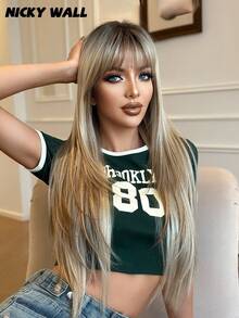 NICKY WALL Tóc giả dài 32 inch, thẳng, nhiều lớp, màu nâu dành cho nữ, kiểu dáng thanh lịch, tự nhiên với mái bằng, chất liệu sợi tổng hợp dày dặn, mềm mại, chịu nhiệt, không cần keo dán, thích hợp sử dụng hàng ngày và dự tiệc. - màu nâu - Xem 4