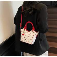 Cherry Print Tote Bag For Women, Fashionable Shoulder Sling Bag, Large Capacity Commuter Handbag With Free Cherry Keychain - Đỏ - Xem 8
