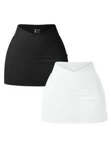 OQQ Women's 2 Piece Yogas Skirts Basic Versatile Stretchy Casual High Waist Mini Skirts Fabric Womenswear - 黑白 - 查看 1