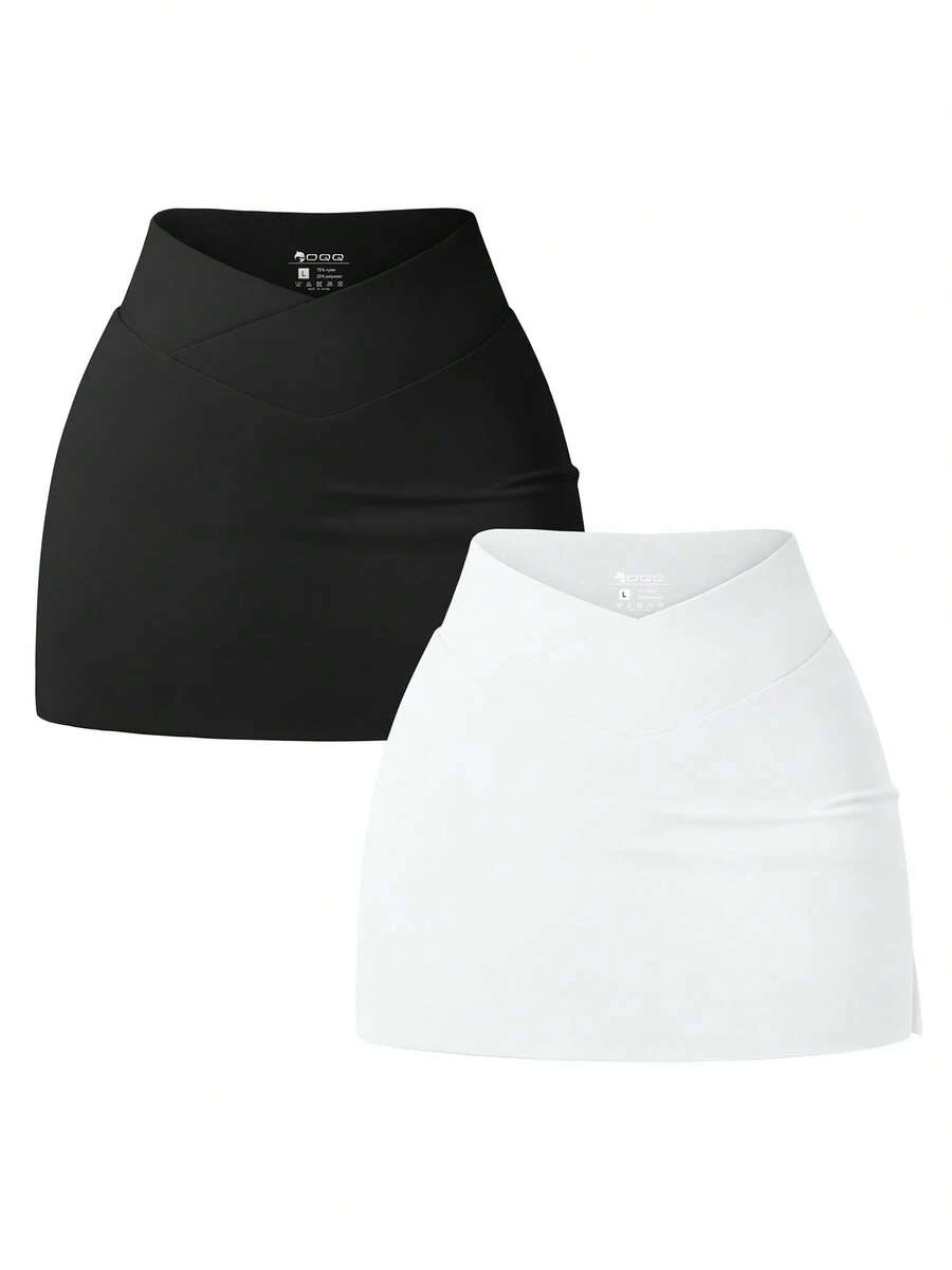 OQQ Women's 2 Piece Yogas Skirts Basic Versatile Stretchy Casual High Waist Mini Skirts Fabric Womenswear - 黑白 - 查看 1