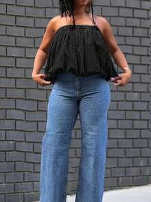 HERTALK Solid Color Casual Elegant Elegant Pleated Edge Asymmetrical/Irregular Backrest,Women Denim Top - 黑色 - 查看 3