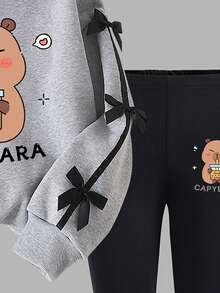 Tween Girl Cartoon Print Crew Neck Sweater And Leggings Set