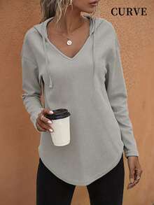 Plus Size Women's Solid Color Drawstring Hooded Sweatshirt, Autumn - Grey - View 2